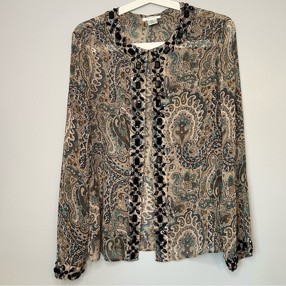 Laura Ashley Silk Paisley Fly-Away Beaded Long Sleeve Blouse Flowy Mature